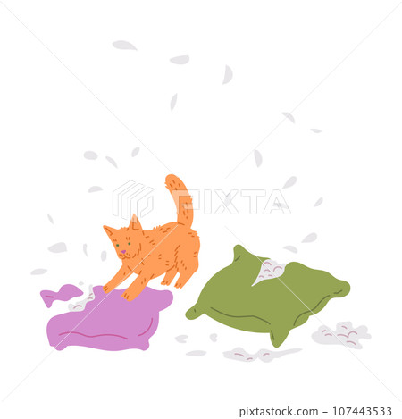 Pet mess disorder by naughty ginger cat, damaged scratched two pillows, feathers scattered, vector bad feline behavior 107443533