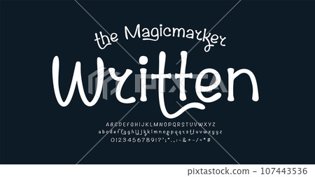 Written handdrawn font, modern doodle alphabet for wedding invitations, monogram and vintage logo or headline, graphic novels, bold signage, playful comic book typography. Vector typeset 107443536