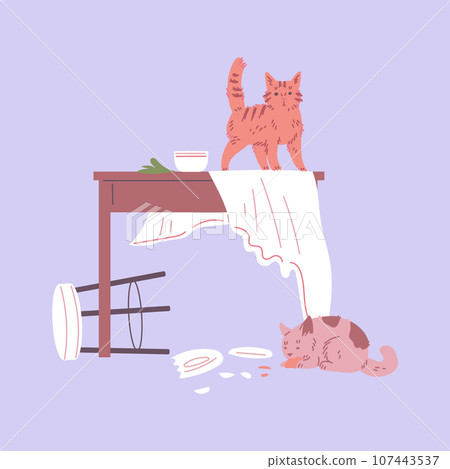 Pet mess and clutter broken plate in dining room by two naughty cats, vector dining table with torn tablecloth and chair 107443537