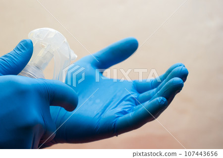 Hands medical gloves spray alcohol antiseptic - protection quarantine, coronavirus, covid19 107443656