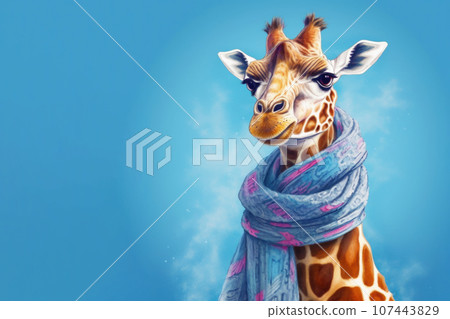 Head and neck of a cute giraffe in blue scarf on blue background Head and neck of a cute giraffe in blue scarf on blue background 107443829