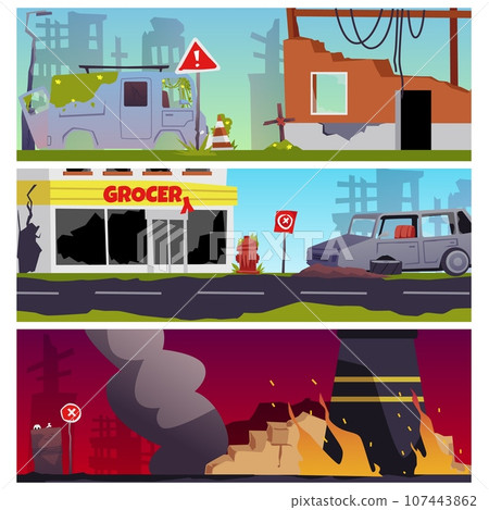 Vector set illustrations of apocalypse, destroyed factory, industral buildings, shops and houses in fire and smoke 107443862