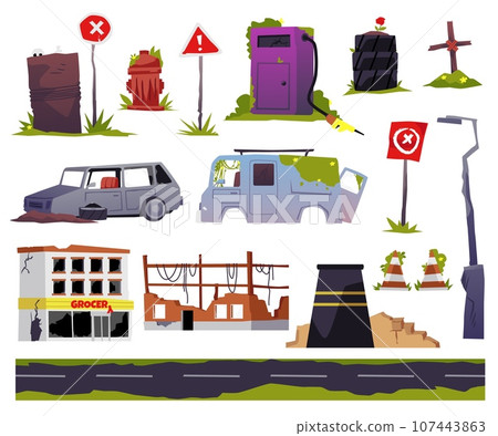 Set of destruction, cataclysm, post-apocalyptic vector isolated illustrations of destroyed grocery, broken road Set of destruction, cataclysm, post-apocalyptic vector isolated illustrations of destroyed grocery, broken road 107443863