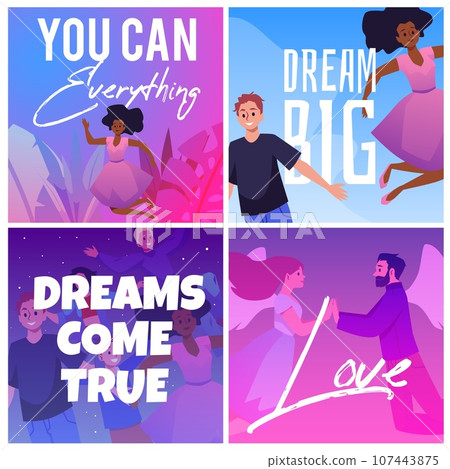 Happy flying people, set of posters with concepts of love and dreams, cartoon flat vector illustration. 107443875