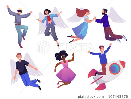 Vector illustrations set of People fly and jump, excited woman, man in action, moving with fun, flying on a rocket 107443876