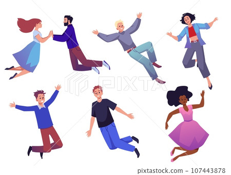 People fly and jump set isolated vector illustration, excited woman, man in action, moving with joy, Inspiration happiness concept 107443878