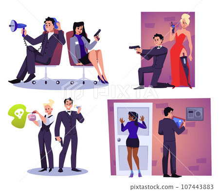 Secret agent mission scenes collection, flat vector illustration isolated. 107443883