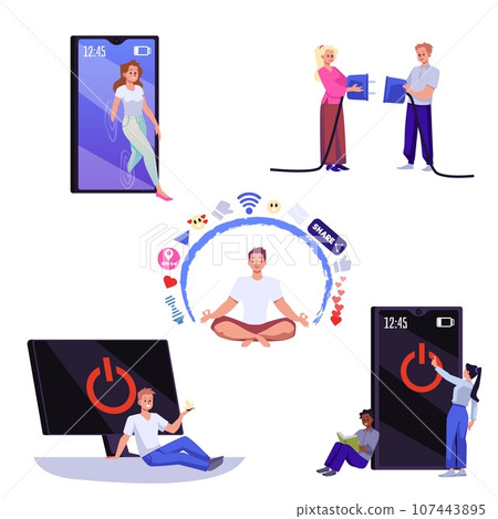 Digital detox abstract scenes set with people resting from social media, flat vector illustration isolated on white. 107443895