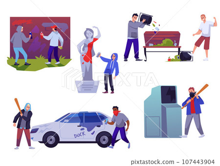 Vandals and hooligans damaging public property, set of flat vector illustrations isolated on white background. 107443904