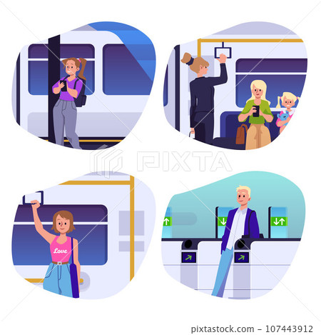 Set of scenes with people on subway or metro, flat vector illustration isolated on white background. Set of scenes with people on subway or metro, flat vector illustration isolated on white background. 107443912