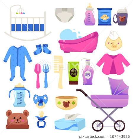 Set of various baby care products flat style, vector illustration Set of various baby care products flat style, vector illustration 107443926