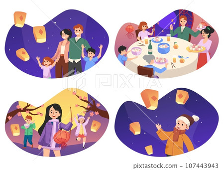 Lantern Yuanxiao CNY festival banners with family set flat vector illustration. 107443943