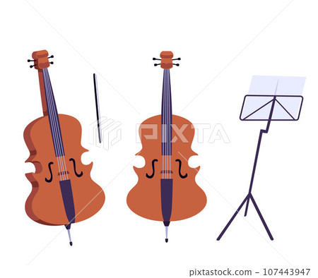 Cello music instrument with sheet music stand, flat vector illustration isolated on white background. Cello music instrument with sheet music stand, flat vector illustration isolated on white background. 107443947