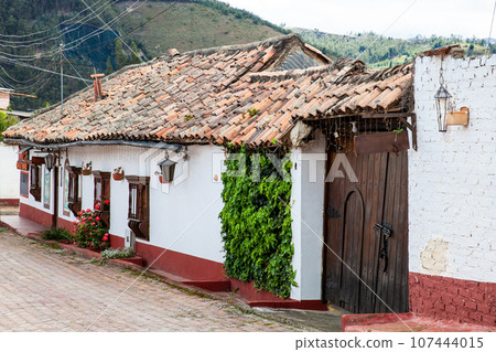 Beautiful architecture of the streets of the colonial small town of Iza located in the Boyaca department in Colombia 107444015