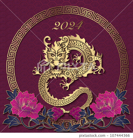 Happy Chinese new year of dragon golden purple relief peony flower and lattice frame Happy Chinese new year of dragon golden purple relief peony flower and lattice frame 107444366