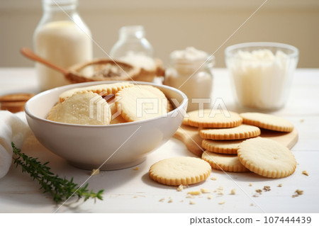 Light brown vanilla biscuit cookies sweet dessert with milk in daytime kitchen interior. Generative AI Light brown vanilla biscuit cookies sweet dessert with milk in daytime kitchen interior. Generative AI 107444439