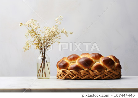 Sweet braided traditional bread in light kitchen interior with home decoration.. Generative AI 107444440