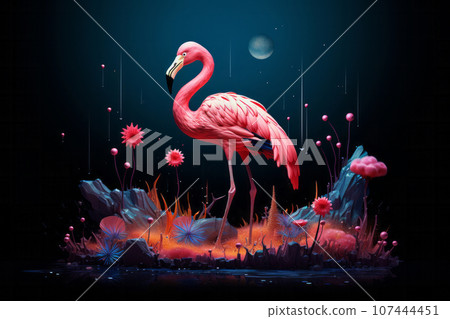 Pink flamingo standing in flowers field on futuristic cosmic space background in universe dark sky. Generative AI 107444451