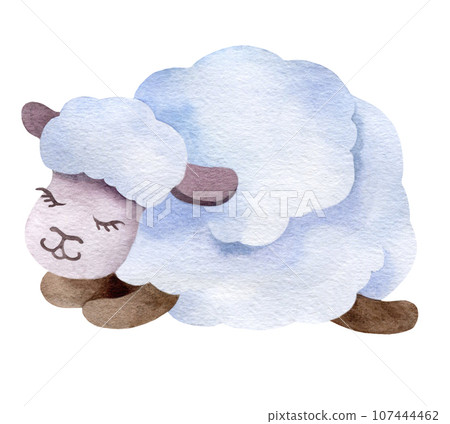 Watercolor illustration of a cute sheep. Fluffy animal on a white background, hand-drawn. 107444462