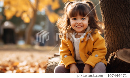一個美麗的女孩坐在秋天森林的樹樁上,開心地微笑的肖像 一個美麗的女孩坐在秋天森林的樹樁上,開心地微笑的肖像 107444471