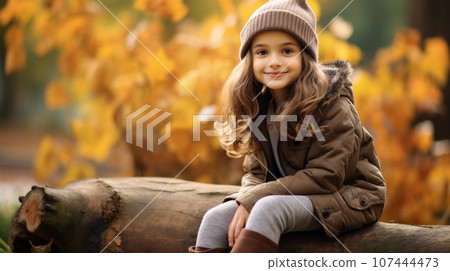一個美麗的女孩坐在秋天森林的樹樁上，開心地微笑的肖像 107444473
