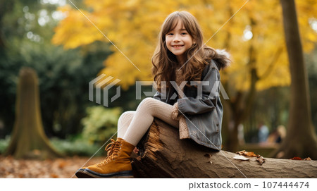 一個美麗的女孩坐在秋天森林的樹樁上,開心地微笑的肖像 一個美麗的女孩坐在秋天森林的樹樁上,開心地微笑的肖像 107444474
