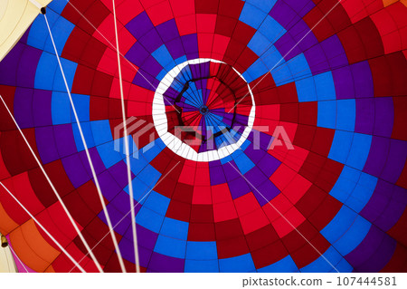 Abstract Background, View Inside Bright Colorful Hot Air Balloon Dome. Multi Colored, Horizontal Plane. Hot Air Expedition, Ride. Joyful, Spectacular Entertainment 107444581