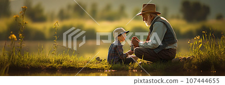 Senior man fishing with grandson 107444655