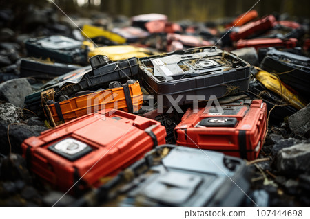 A dump of broken electric batteries 107444698