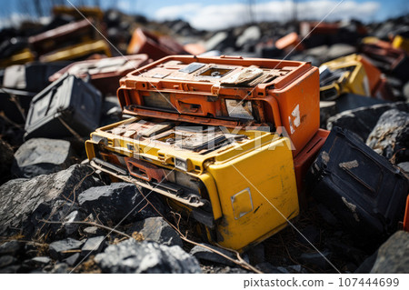 A dump of broken electric batteries A dump of broken electric batteries 107444699