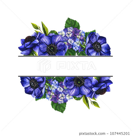 Vector illustration of flower composition, frame, pattern, bouquet for greeting card, background or flyer. Flowers violet anemone and hydrangea. March 8. International Women's Day. Mothers Day Vector illustration of flower composition, frame, pattern, bouquet for greeting card, background or flyer. Flowers violet anemone and hydrangea. March 8. International Women's Day. Mothers Day 107445201