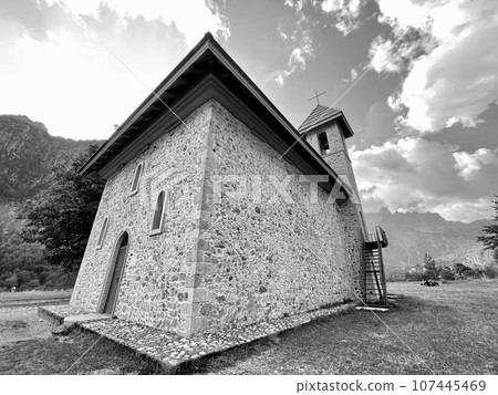 Christian Church in the village of Theth in Theth National Park, Albania. Christian Church in the village of Theth in Theth National Park, Albania. 107445469