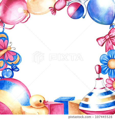 A frame with children's toys. Handmade watercolor illustration. For the design of children's books, greeting and invitation cards and flyers. For labels and packages of children's goods. A frame with children's toys. Handmade watercolor illustration. For the design of children's books, greeting and invitation cards and flyers. For labels and packages of children's goods. 107445528