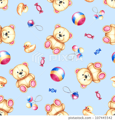 Seamless pattern with children's toys. Teddy bears, balls and rattles. On a blue background. Handmade watercolor illustration. For packaging paper, textiles, children's clothing, labels, packages. Seamless pattern with children's toys. Teddy bears, balls and rattles. On a blue background. Handmade watercolor illustration. For packaging paper, textiles, children's clothing, labels, packages. 107445542