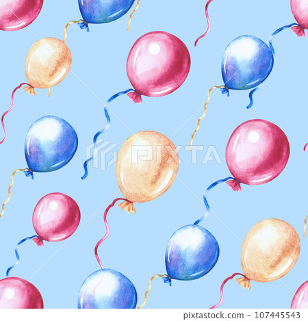 Seamless pattern with festive colorful balloons. On a blue background. Handmade watercolor illustration. For packaging paper, textiles, greeting cards, labels, packages. For holiday decorations. Seamless pattern with festive colorful balloons. On a blue background. Handmade watercolor illustration. For packaging paper, textiles, greeting cards, labels, packages. For holiday decorations. 107445543