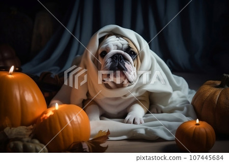 English bulldog looking at the camera on a dark background next to a pumpkin candles, Halloween concept. Place for text, copyspace English bulldog looking at the camera on a dark background next to a pumpkin candles, Halloween concept. Place for text, copyspace 107445684
