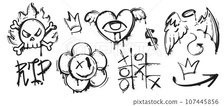 Black paint spray graffiti with splatter and drips symbols 107445856