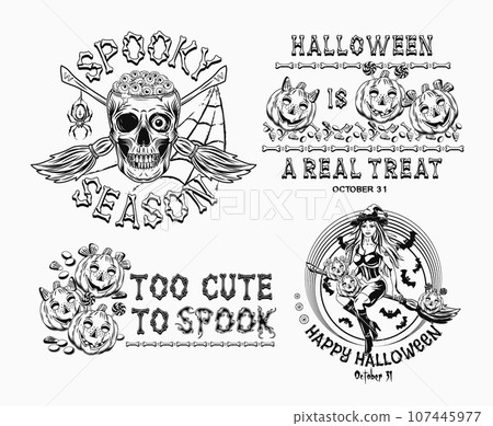 Set of halloween labels with pumpkin head like happy kids, traditional candy, skull with eyeballs, beautiful witch on broom. Text made of bones. Colorful illustrations on white in vintage style 107445977