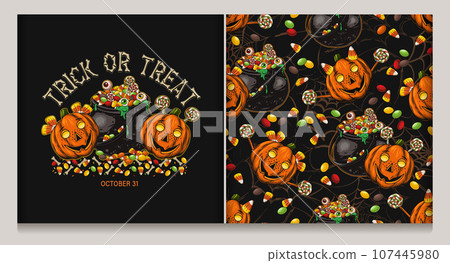 Pattern, label with witch cauldron full of traditional halloween candy, eyeballs, pumpkin heads like happy kids. Drops of green goo, slime. Grunge silhouette of spider web behind 107445980