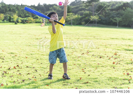 小男孩在公園打棒球 小男孩在公園打棒球 107446106