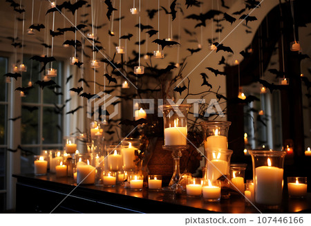 The interior of the room is decorated with many burning candles. Candles are on the table and hanging above the table 107446166