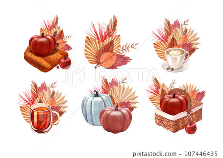 Watercolor set pumpkin with leaves in basket. Hand-drawn illustration isolated on white background. Perfect for menu cafe, template natural food, cooking, packing food, card thanksgiving Watercolor set pumpkin with leaves in basket. Hand-drawn illustration isolated on white background. Perfect for menu cafe, template natural food, cooking, packing food, card thanksgiving 107446435