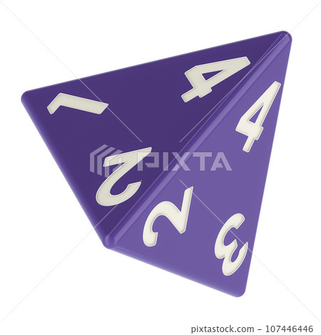 4 sided die, tetrahedron dice, violet color. 3D rendering 4 sided die, tetrahedron dice, violet color. 3D rendering 107446446