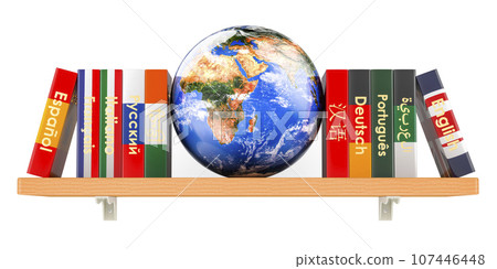 Bookshelf with different language textbooks and Earth Globe, 3D rendering Bookshelf with different language textbooks and Earth Globe, 3D rendering 107446448