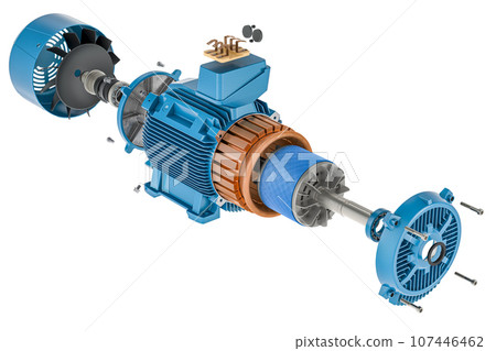 Parts of industrial electric motor, section. 3D rendering 107446462