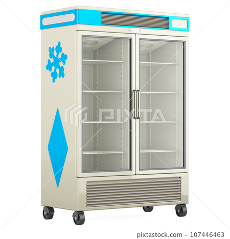 Pharmacy Medical Vaccine Refrigerator, empty, front view. 3D rendering 107446463