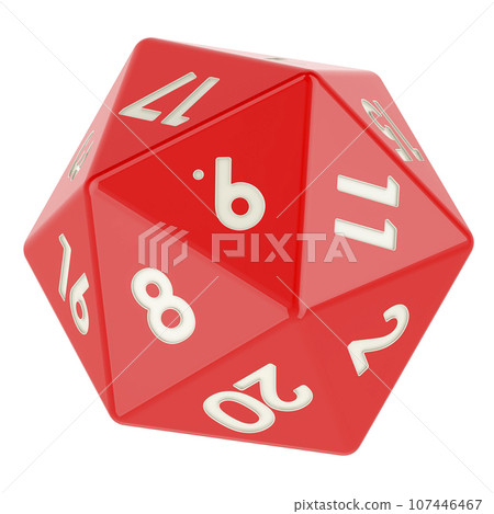 Red twenty sided die, icosahedron dice, 3D rendering Red twenty sided die, icosahedron dice, 3D rendering 107446467