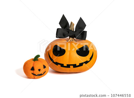 Halloween pumpkin girl with little wool pumpkin. Jack o Lantern Lady pumpkin with black bow isolated on a white background. Halloween pumpkin girl with little wool pumpkin. Jack o Lantern Lady pumpkin with black bow isolated on a white background. 107446558