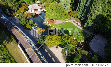 drone point of view on Japanese garden - part of Planten un Blomen in Hamburg drone point of view on Japanese garden - part of Planten un Blomen in Hamburg 107446574