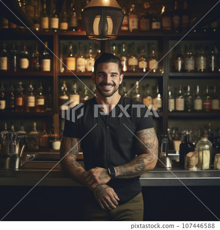 bartender stands behind bar with bottles of liquor 107446588